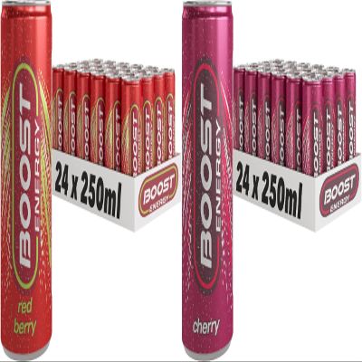 Boost Energy Drink, 250ml x 48 pack, (24 x Red Berry and 24 x Cherry) - Vegan Friendly Great Tasting Energy Boost, Only 50 kcals per can