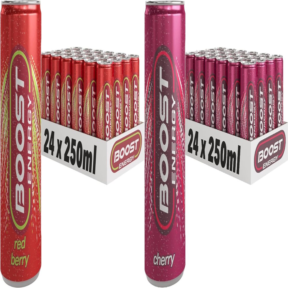 Boost Energy Drink, 250ml x 48 pack, (24 x Red Berry and 24 x Cherry) - Vegan Friendly Great Tasting Energy Boost, Only 50 kcals per can