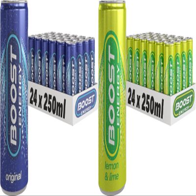Boost Energy Drink, 250ml x 48 pack, (24 x Original and 24 x Lemon Lime) - Vegan Friendly Great Tasting Energy Boost, Only 50 kcals per can