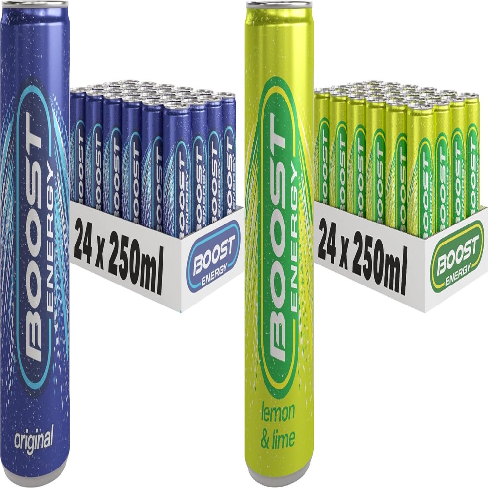 Boost Energy Drink, 250ml x 48 pack, (24 x Original and 24 x Lemon Lime) - Vegan Friendly Great Tasting Energy Boost, Only 50 kcals per can