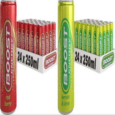 Boost Energy Drink, 250ml x 48 pack, (24 x Red Berry and 24 x Lemon Lime) - Vegan Friendly Great Tasting Energy Boost, Only 50 kcals per can