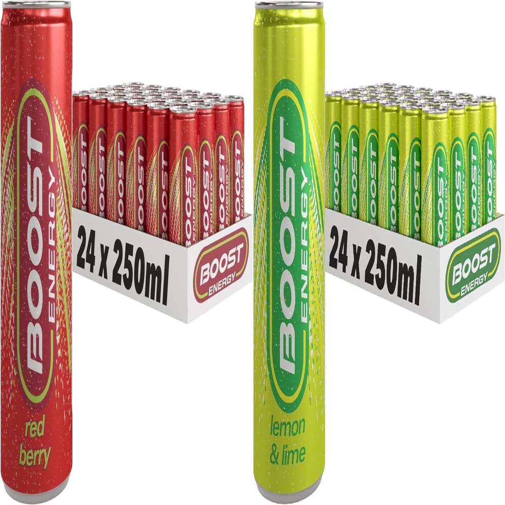 Boost Energy Drink, 250ml x 48 pack, (24 x Red Berry and 24 x Lemon Lime) - Vegan Friendly Great Tasting Energy Boost, Only 50 kcals per can