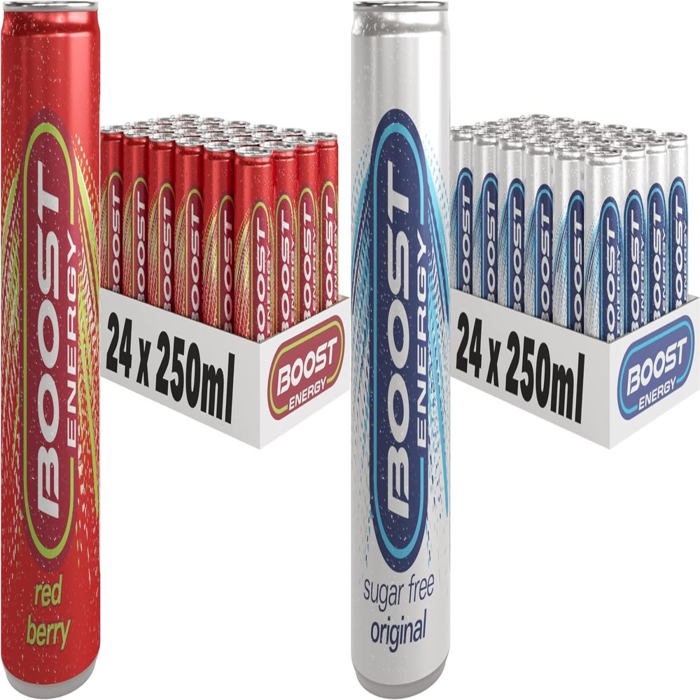 Boost Energy Drink, 250ml x 48 pack, (24 x Red Berry & 24 x Original Zero Sugar) - Vegan Friendly Great Tasting Energy Boost, Only 50 kcals per can