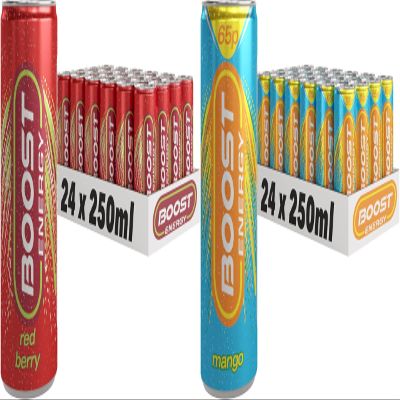 Boost Energy Drink, 250ml x 48 pack, (24 x Red Berry and 24 x Mango) - Vegan Friendly Great Tasting Energy Boost, Only 50 kcals per can