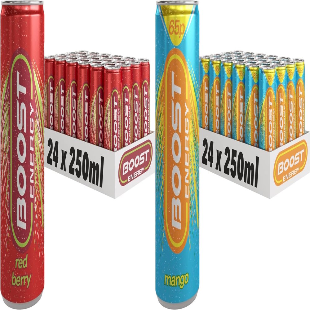 Boost Energy Drink, 250ml x 48 pack, (24 x Red Berry and 24 x Mango) - Vegan Friendly Great Tasting Energy Boost, Only 50 kcals per can