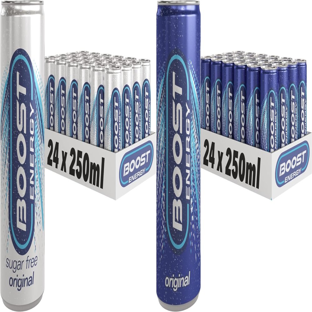 Boost Energy Drink, 250ml x 48 pack, (24 x Original Zero Sugar and 24 x Original) - Vegan Friendly Great Tasting Energy Boost, Only 50 kcals per can