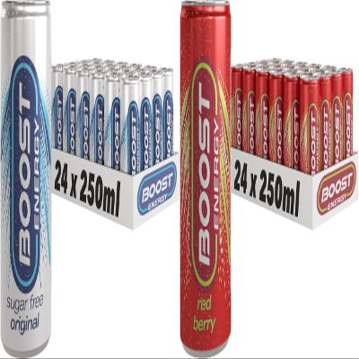 Boost Energy Drink, 250ml x 48 pack, (24 x Original Zero Sugar and 24 x Red Berry) - Vegan Friendly Great Tasting Energy Boost, Only 50 kcals per can