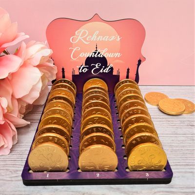 Personalised Chocolate Coin Eid Countdown Calendar, Fancy Plaque Design, Suitable for Various Coin Brands, Ideal Ramadan Gift, Size 130mm x 145mm x 140mm (Eid Pink and Purple)