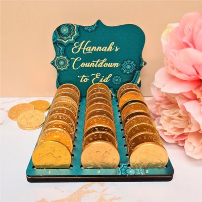 Personalised Chocolate Coin Eid Countdown Calendar, Fancy Plaque Design, Suitable for Various Coin Brands, Ideal Ramadan Gift, Size 130mm x 145mm x 140mm (Eid Green with Gold)