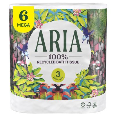 Aria 100% Recycled Toilet Paper, 6 Rolls, 3-Ply Soft Bath Tissue, Paper Packaging