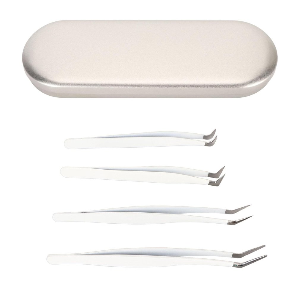 4Pcs Eyelash Extension Tweezers, Stainless Steel Lash Tweezers for Eyelash Extensions with Storage Box Fiber Tip Lash Tweezers Professional Precise Eyelash Tweezers for Home Salon