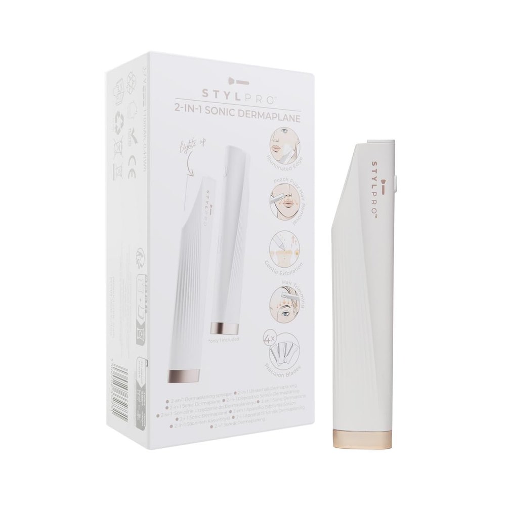 STYLPRO 2-in-1 Sonic Dermaplane & Trimmer: Illuminated Edge, Rechargeable, Wireless, Travel-Friendly. for Eyebrows, Peach Fuzz, Bikini Area. Safe, Painless Exfoliation with 3 Vibration Levels
