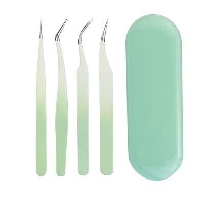 4Pcs Eyelash Extension Tweezers, Stainless Steel Lash Tweezers for Eyelash Extensions with Storage Box, Multifunctional Precise Eyelash Tweezers for Home Salon(Green)