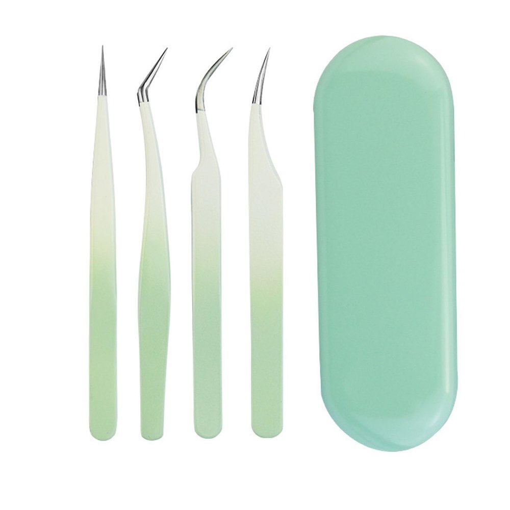 4Pcs Eyelash Extension Tweezers, Stainless Steel Lash Tweezers for Eyelash Extensions with Storage Box, Multifunctional Precise Eyelash Tweezers for Home Salon(Green)
