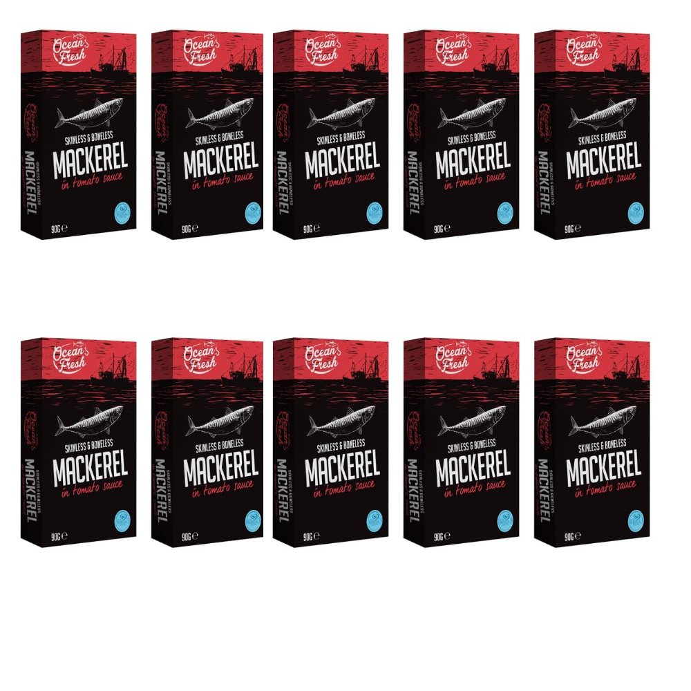 Occean Fresh 90g - Mackerel In Tomato Sauce - This Delicious Skinless & Boneless Tin of Mackerel Is The Perfect Snack Or Addition To a Meal - Pack of 10