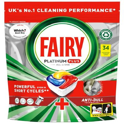 Fairy Platinum Plus All In One Dishwasher Tablets, Lemon, 34 Tablets, Our Best Cleaning For A Clean Like New, Removes Dullness & Prevents Limescale