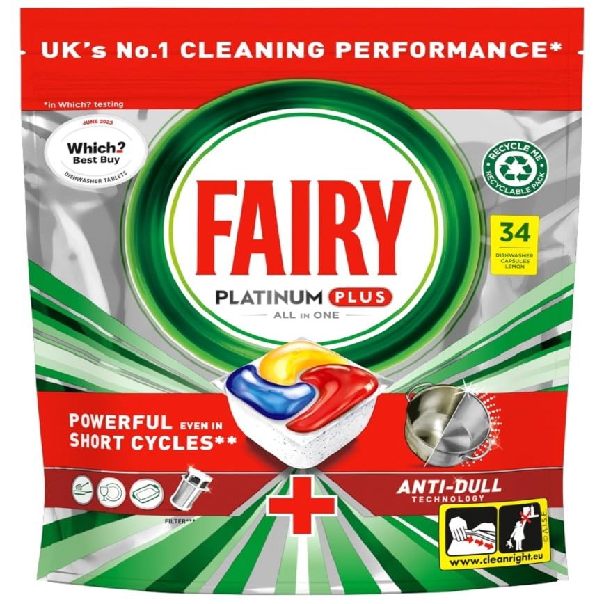 Fairy Platinum Plus All In One Dishwasher Tablets, Lemon, 34 Tablets, Our Best Cleaning For A Clean Like New, Removes Dullness & Prevents Limescale