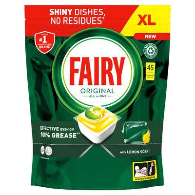 Fairy All In One Dishwasher Tablets, Lemon, 45 Tablets, Effective Even On Dried-On Grease