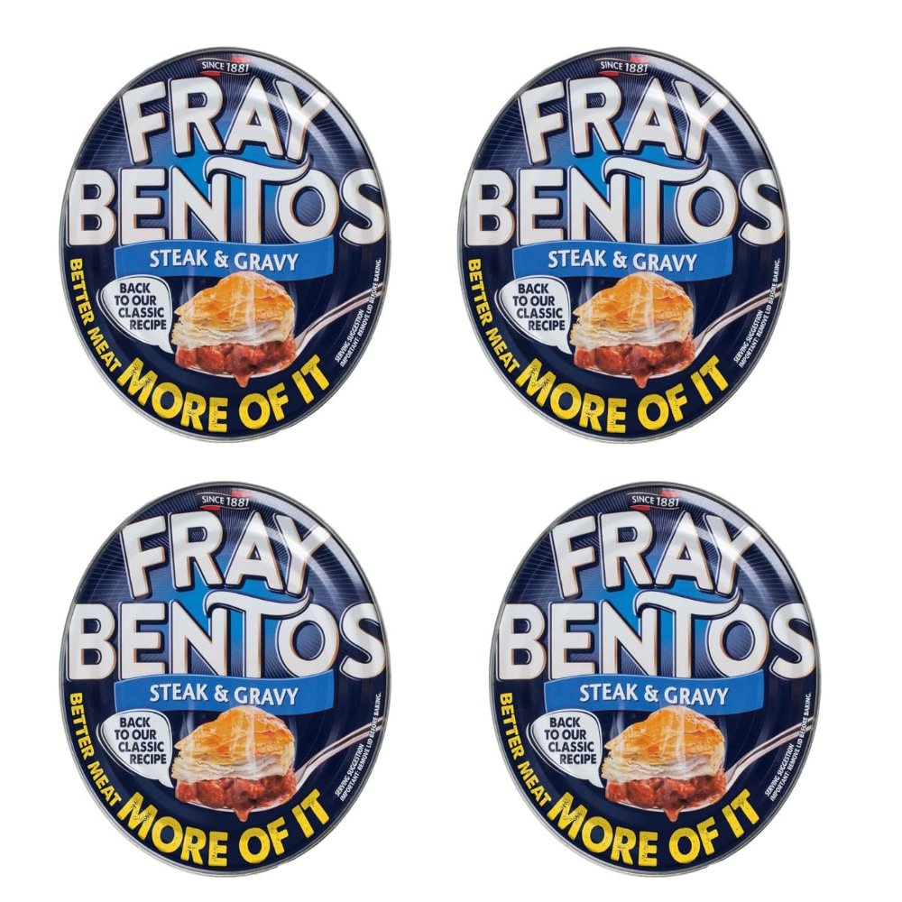 Frray Bentos Steak & Gravy 425g - Succulent Pieces Of Steak Covered In a Delicious Beefy Gravy And Topped By Our Signature Puff Pastry - Pack of 4