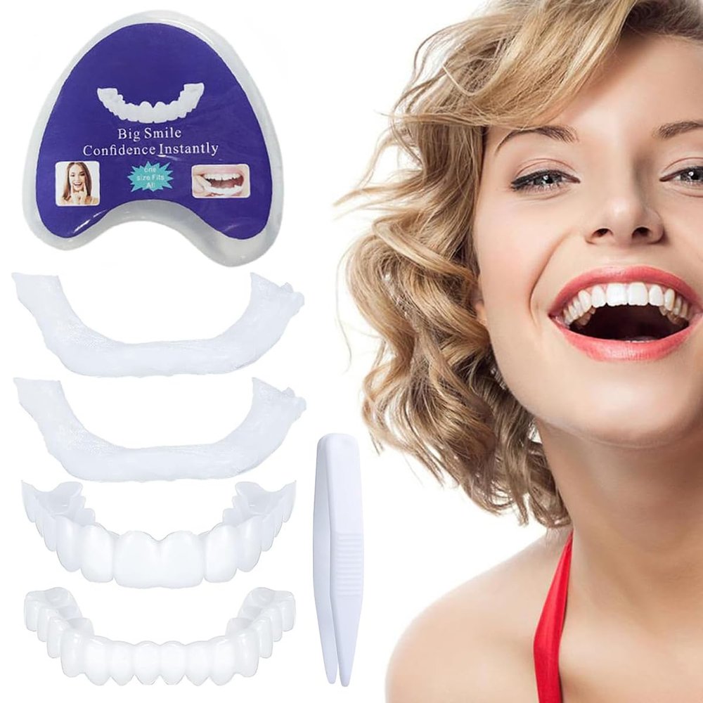 Dazzluxe False Teeth, 4 Pairs Clip in Veneers Teeth, Instant Perfect Smile Teeth Veneers Set with Tweezers, Temporary Cosmetic Fake Teeth, Comfort Fit Dentures for Cover Bad Teeth