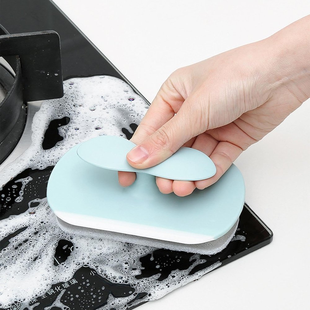 3-In-1 Newest Cleaning Sponge Brush with Comfortable Ergonomic Handle Grip Bathroom Cleaning Brush All Purpose Scrub Sponge Brush for Kitchen Bathroom Bathtube Toilet Wall Floor (Light Blue)