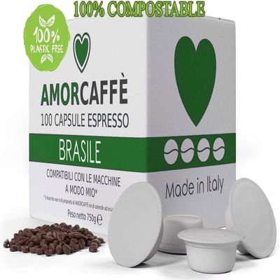 AMORCAFF 100% Arabica 100 Compostable Coffee Capsules Compatible with Lavazza A Modo Mio Pods - Brasil - Plastic free Strength 5/10