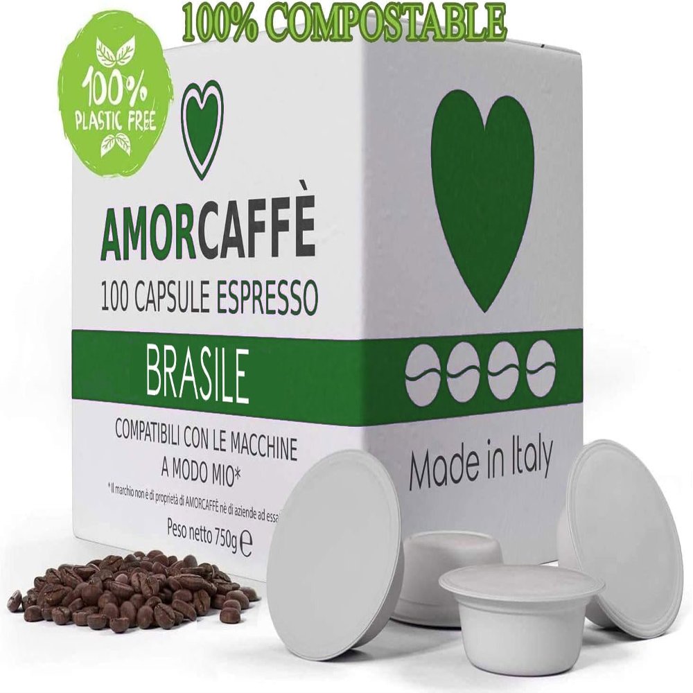 AMORCAFF 100% Arabica 100 Compostable Coffee Capsules Compatible with Lavazza A Modo Mio Pods - Brasil - Plastic free Strength 5/10
