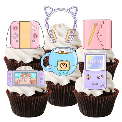 Gaming Cupcake Toppers, Edible Gamer Girl Cake Decorations #2, Edible Video Game Party Decorations, Pink Gaming Controller Cake Toppers, Cute Game Console Cupcake Toppers, Purple Switch (Precut, 24)