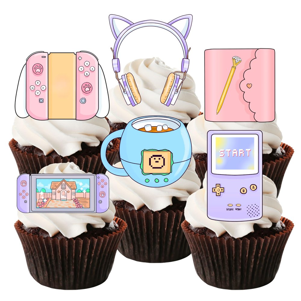 Gaming Cupcake Toppers, Edible Gamer Girl Cake Decorations #2, Edible Video Game Party Decorations, Pink Gaming Controller Cake Toppers, Cute Game Console Cupcake Toppers, Purple Switch (Precut, 24)