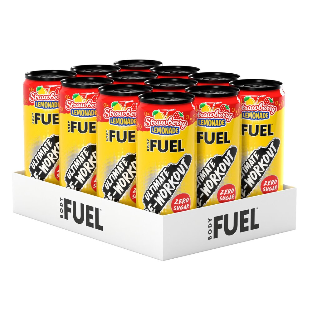 Applied Nutrition BodyFuel Pre Workout Energy Drink | Sugar Free, 200mg Caffeine, 1000mg Beta Alanine, 2000mg Citrulline, Vitamin B12 & B3 | (Pack of 12 Cans x 330ml) (Strawberry Lemonade)