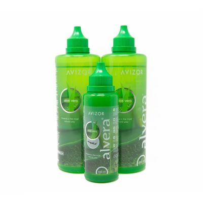Avizor Alvera - Lens Solution with Aloe Vera - Pack 2x350ml + 100ml Travel Bottle - Lens Cleaning and Disinfection with Aloe Vera - Suitable for All Types of Soft Contact Lenses