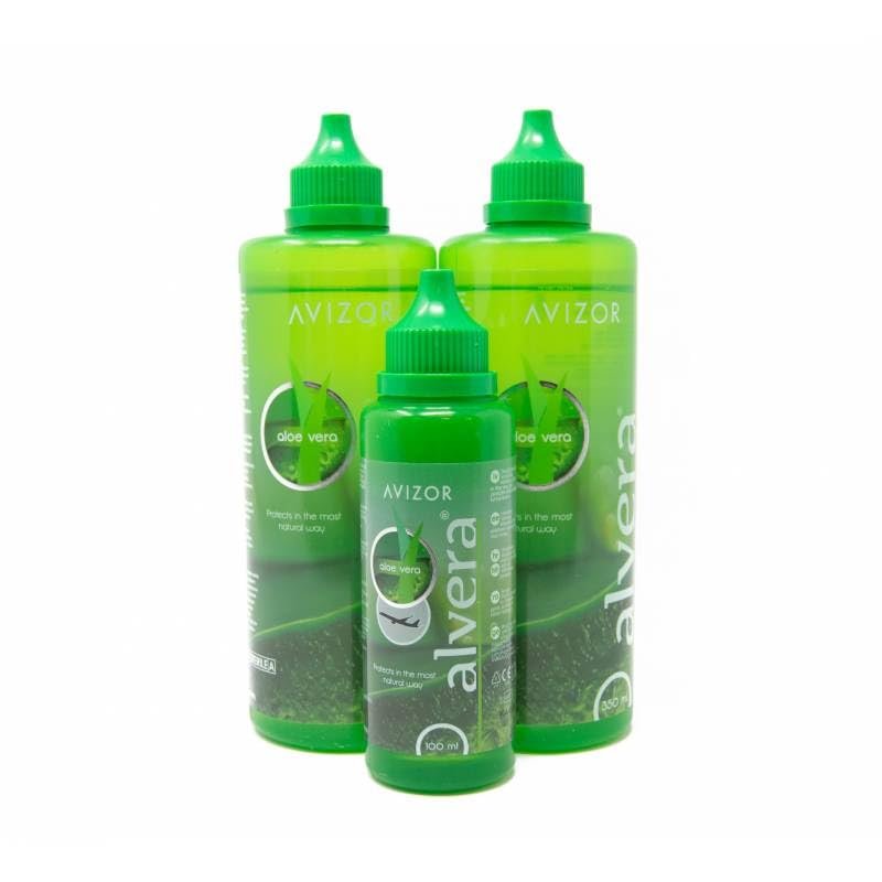 Avizor Alvera - Lens Solution with Aloe Vera - Pack 2x350ml + 100ml Travel Bottle - Lens Cleaning and Disinfection with Aloe Vera - Suitable for All Types of Soft Contact Lenses