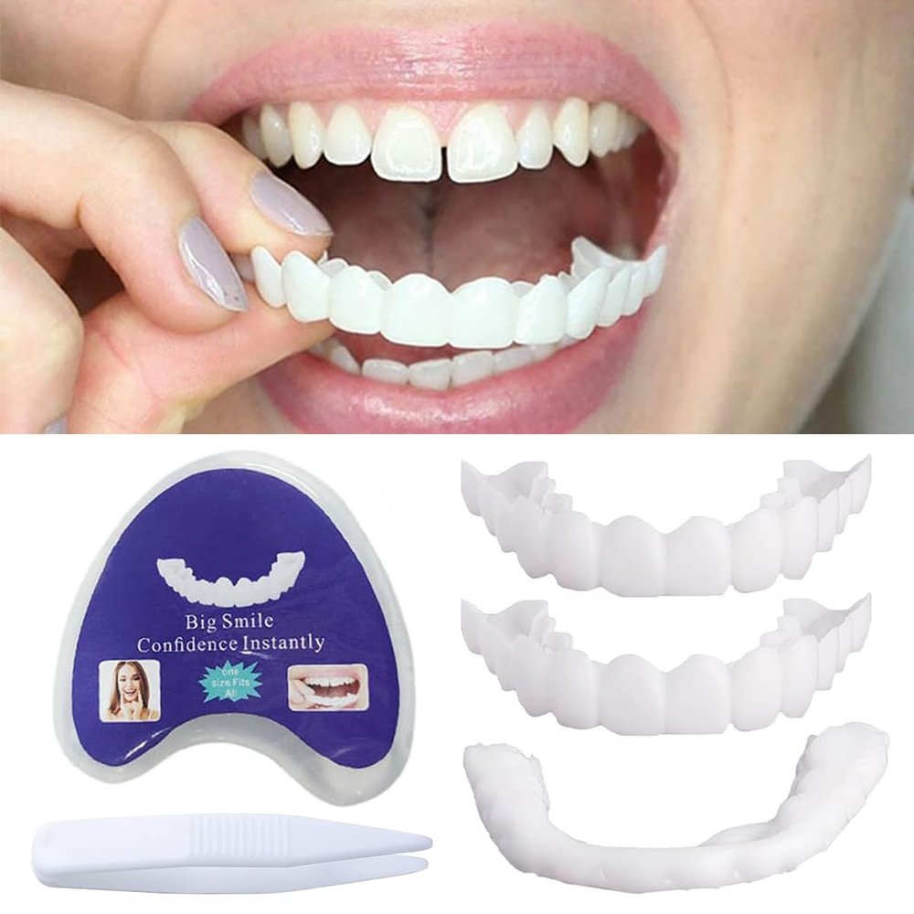 Dazzluxe 2 Pcs Teeth Veneers False Teeth, Comfortable Snap in Teeth Veneers Fake Teeth, Veneers Dentures Upper And Lower with Tweezers, DIY Cosmetic Teeth Confident Smile
