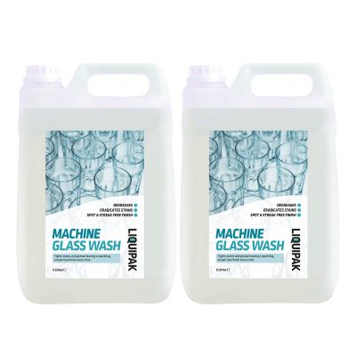 Liquipak Machine Glass Wash 2x5L Automatic Glasswash Machine Liquid Cleaner & Detergent. Industrial strength formula ensures spotless, streak-free glassware.
