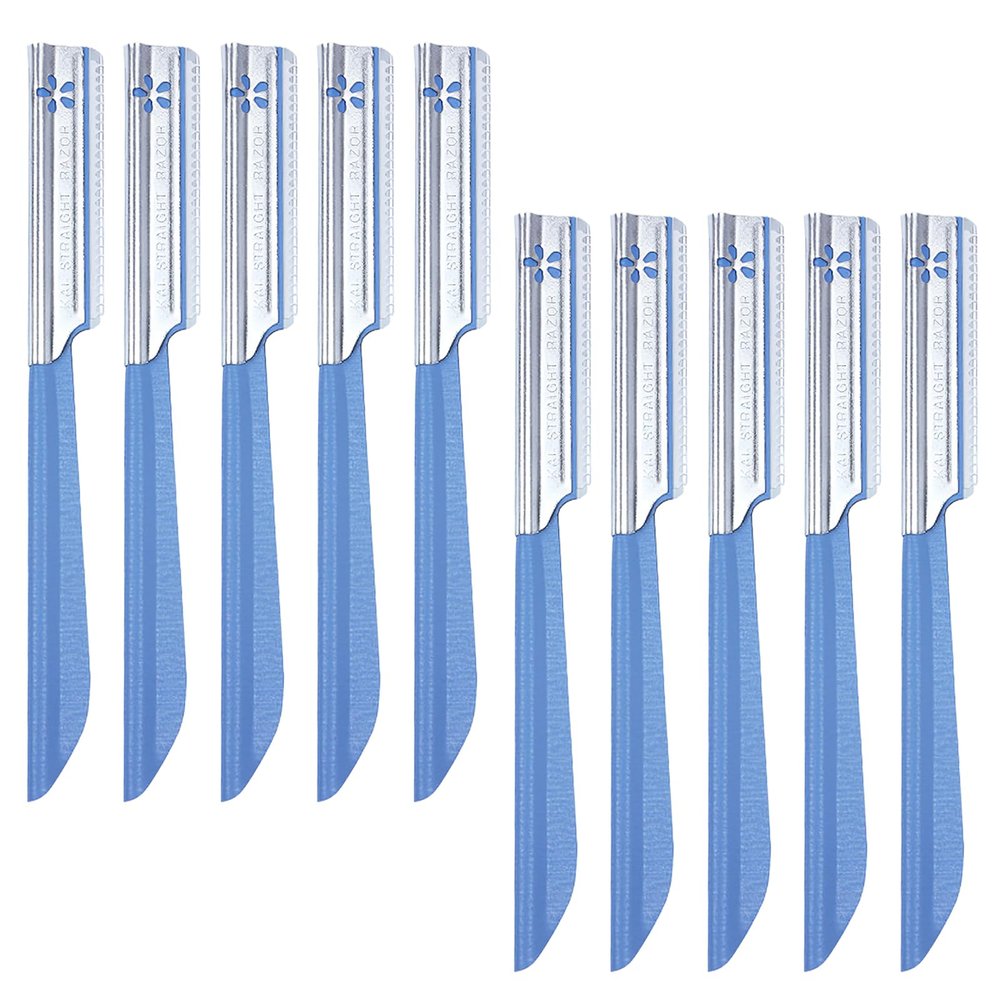 10 Pcs Beard Mustache Straight Edge Razors, Blue Men's Beards Edgers Trimmer Shaping Tool Eyebrow Razor Stainless Steel Blade for Facial Hair Fuzz Remover Hair Shaver, Replacement for Grooming Styling