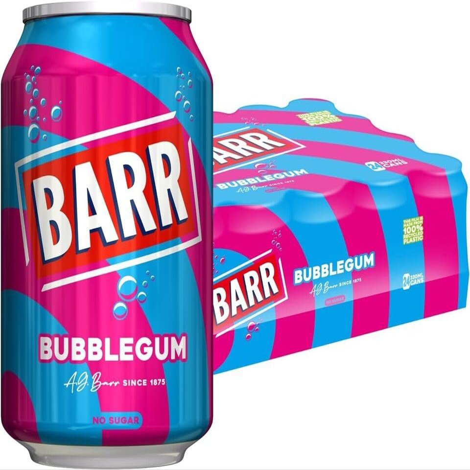 Khudadad BARR Fizzy Drink Cans, No Sugar, 24 x 330 ML UK - 24 pack (24x, Bubblegum No Sugar)