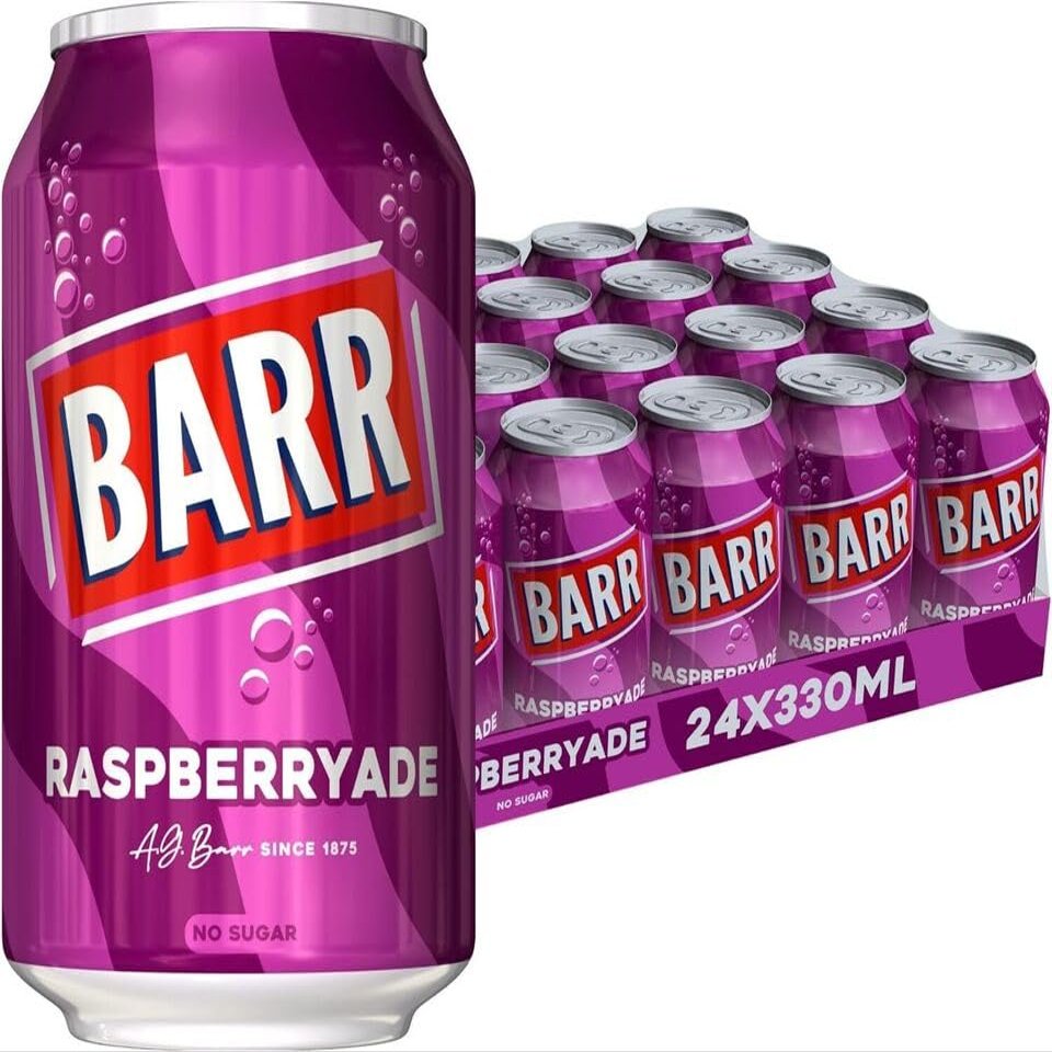 Khudadad BARR Fizzy Drink Cans, No Sugar, 24 x 330 ML UK - 24 pack (24x, Raspberryade, Low Sugar)