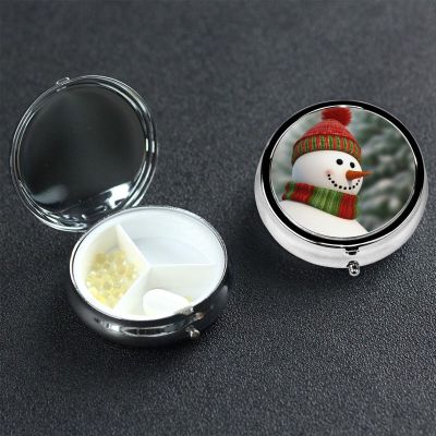 Pill Case Round Pill Box with 3 Compartment Smile Gaze Snowman Pill Organizer Waterproof Medicine Organizer Box for Travel Metal Pill Containers for Medication Planner