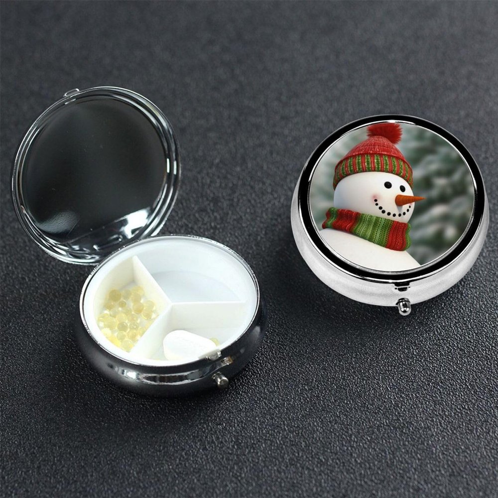 Pill Case Round Pill Box with 3 Compartment Smile Gaze Snowman Pill Organizer Waterproof Medicine Organizer Box for Travel Metal Pill Containers for Medication Planner