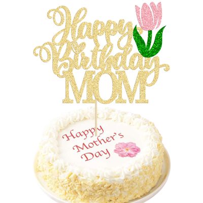 Ephlyn 1Pc Happy Birthday Mom Cake Topper Glitter Best Mom Ever Cake Picks Happy Mother's Day Cake Decoration for Happy Mother's Day Birthday Party Cake Decorations Supplies Gold