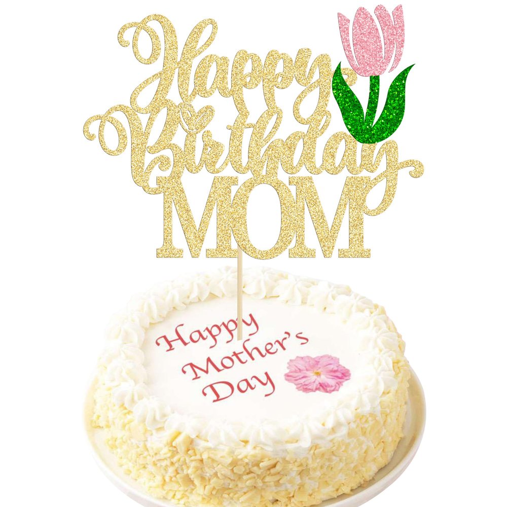Ephlyn 1Pc Happy Birthday Mom Cake Topper Glitter Best Mom Ever Cake Picks Happy Mother's Day Cake Decoration for Happy Mother's Day Birthday Party Cake Decorations Supplies Gold