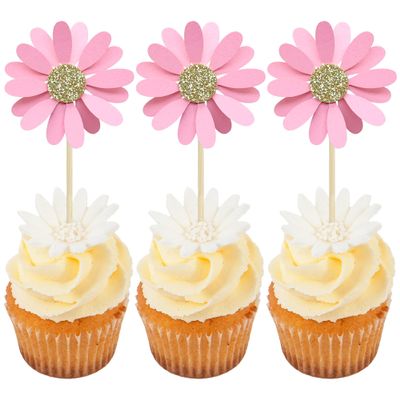 24Pcs Daisy Cupcake Toppers Flower Cake Topper Decorations Daisy Cake Decorations Chrysanthemum Cupcake Toppers Spring Daisy Flower Cake Picks for Birthday Wedding Supplies Light Pink