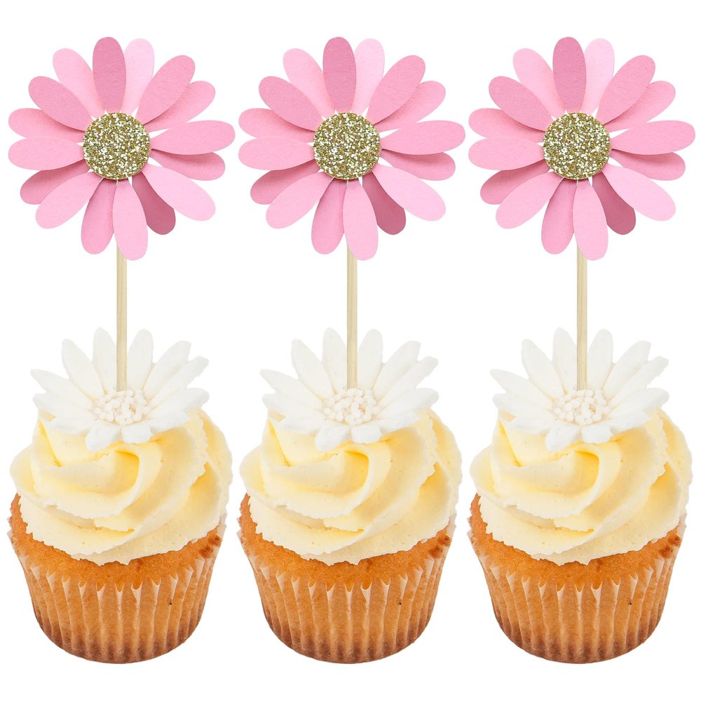 24Pcs Daisy Cupcake Toppers Flower Cake Topper Decorations Daisy Cake Decorations Chrysanthemum Cupcake Toppers Spring Daisy Flower Cake Picks for Birthday Wedding Supplies Light Pink