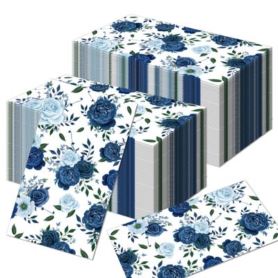 100 Pack Vintage Blue Floral Napkins 4 Ply Party Napkins Vintage Wild Flower Disposable Lunch Dinner Paper Napkin Set for Party,Wedding,Birthday Party Baby Shower