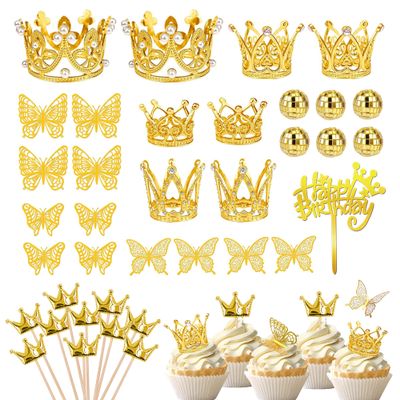 DRWATE 37 Pcs Crown Cake Topper Mini Gold Crown Butterfly Disco Ball Decorations for Women Girls Wedding Birthday Baby Shower Party (Gold)