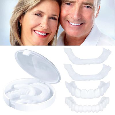 Dazzluxe Whitening Veneers Teeth, 4Pcs Temporary Fake Teeth for Upper And Lower Jaw, Snap on Dentures Silicone False Teeth, Instant Confident Smile Enhancer
