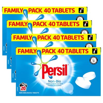 Persil Laundry Tablets Family Pack Gentle next to Skin Touch on Stains New Concentrated Formula for Effortless Laundry, Non-Bio 40 tablets, 20 Wash 1.2KG Pack of 4