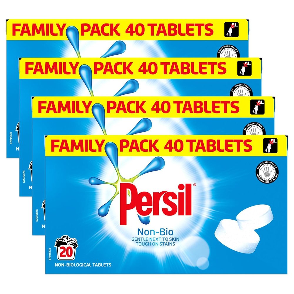 Persil Laundry Tablets Family Pack Gentle next to Skin Touch on Stains New Concentrated Formula for Effortless Laundry, Non-Bio 40 tablets, 20 Wash 1.2KG Pack of 4