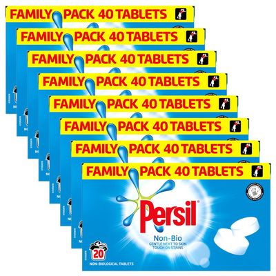 Persil Laundry Tablets Family Pack Gentle next to Skin Touch on Stains New Concentrated Formula for Effortless Laundry, Non-Bio 40 tablets, 20 Wash 1.2KG Pack of 8