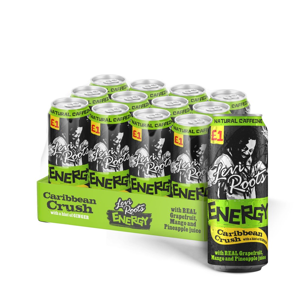 Levi Roots Caribbean Crush Energy Drink  Grapefruit, Mango & Pineapple  Natural Caffeine  B Vitamins  12 x 500ml Cans  Vegetarian  Tropical Flavour